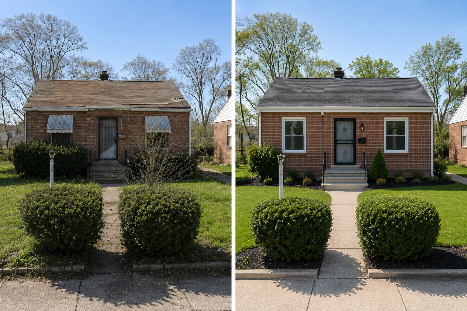 Before and after exterior renovation of a brick home